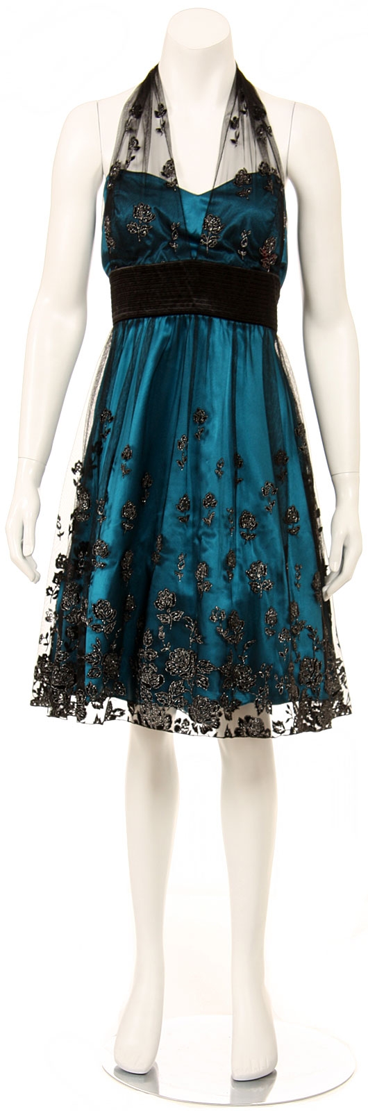 Halter Neck Short Prom Dress with Mesh Overlay — in Black/Teal