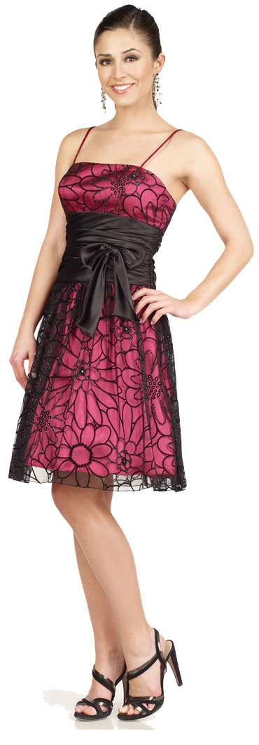 Spaghetti Strap Party Dress with Mesh Overlay