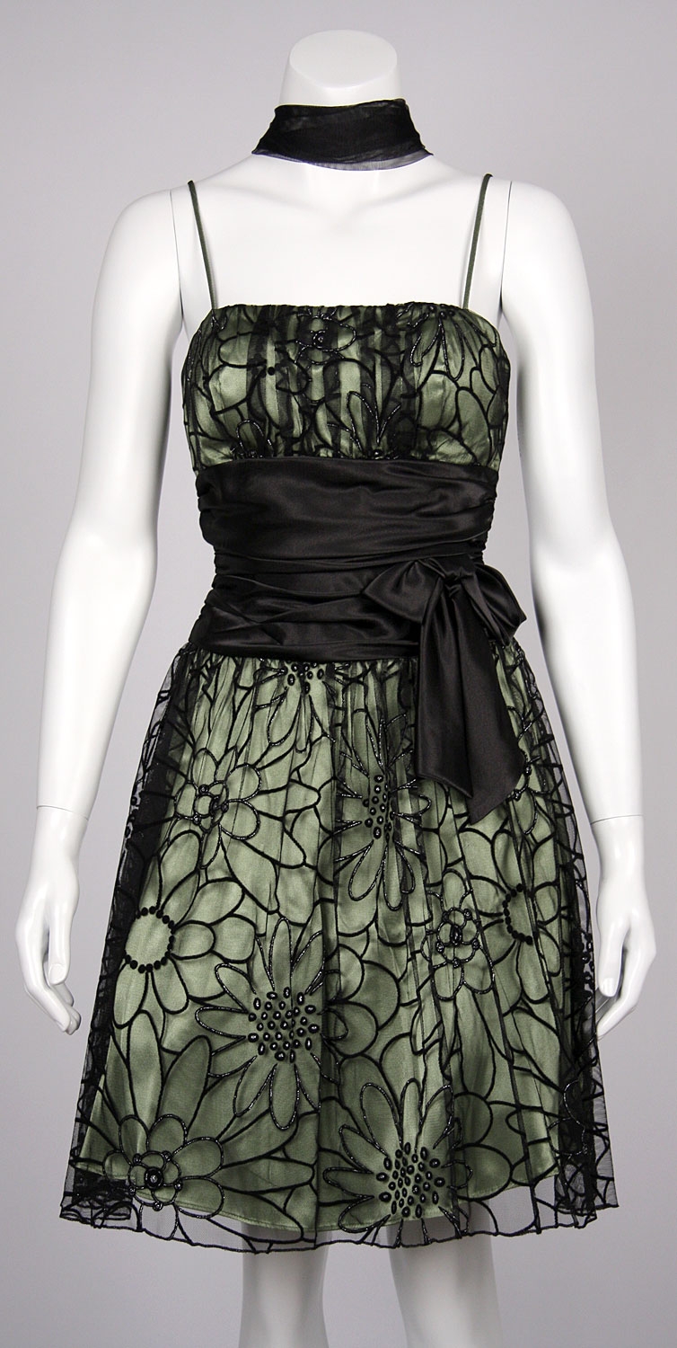 Spaghetti Strap Party Dress with Mesh Overlay — in closeup
