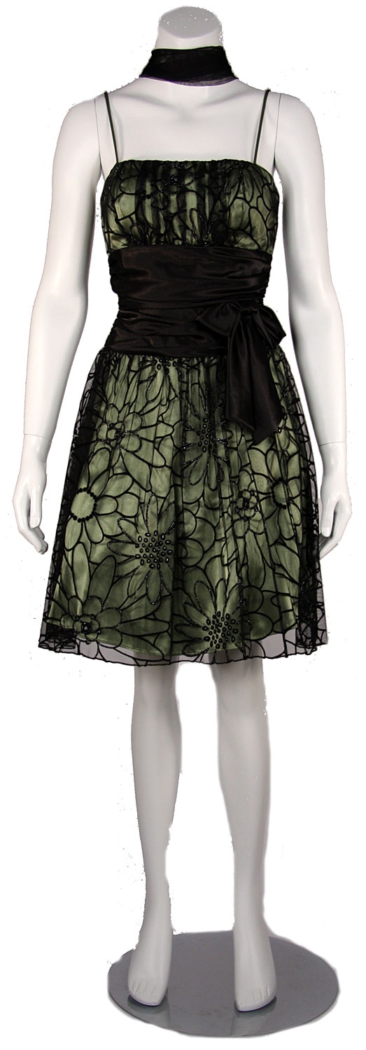 Spaghetti Strap Party Dress with Mesh Overlay — in Black/Green