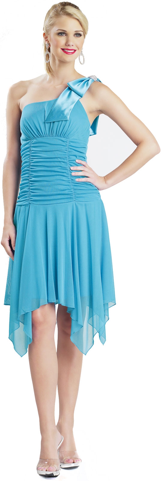 Ruched Asymmetric Hem Short Party Dress — in Turquoise