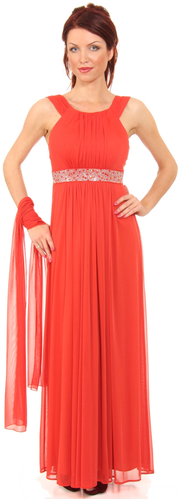 Shirred Empire Cut Formal Evening Dress — in Coral