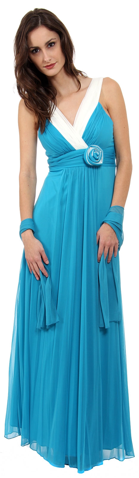 V-Neck Two Tone Long Formal Bridesmaid Dress — in Turquoise/Ivory