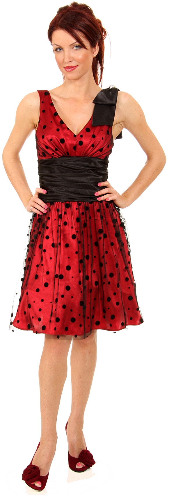 V-neck Short Polka Dot Party Dress   — in Black/Red