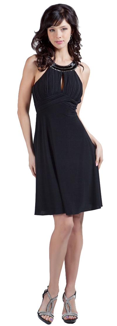 Ornate Covered Neckline Short Cocktail Dress