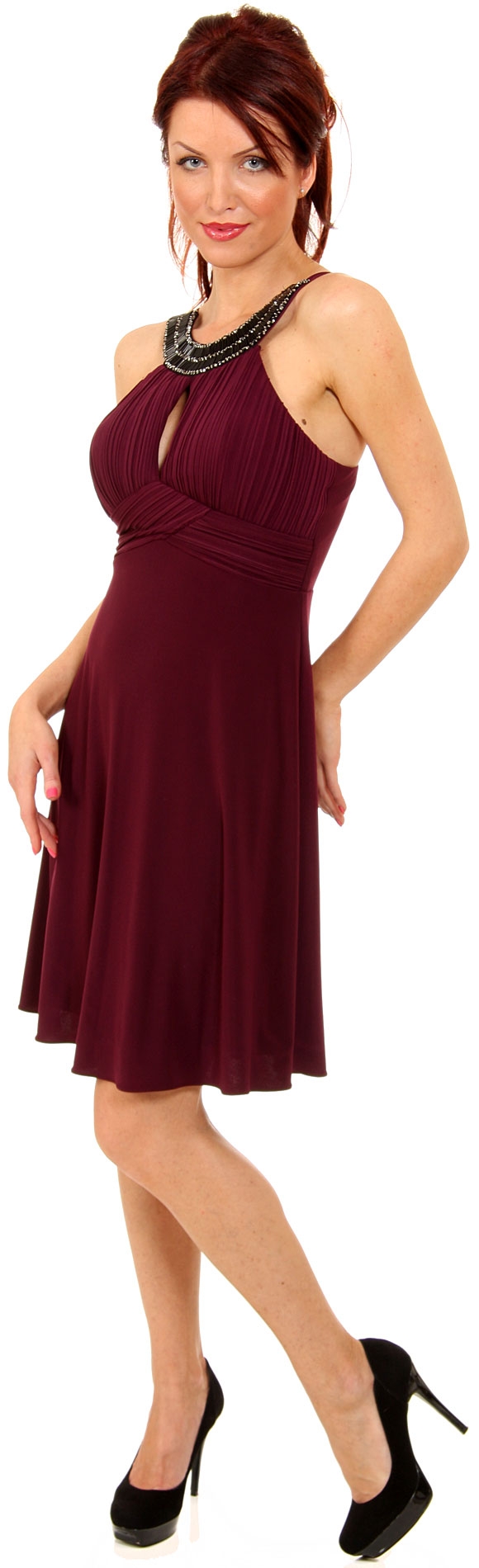 Ornate Covered Neckline Short Cocktail Dress — in Plum