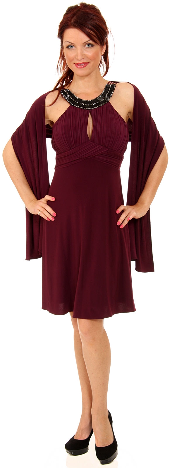 Ornate Covered Neckline Short Cocktail Dress — in alternative image