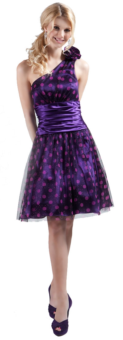 Single Shoulder Polka Dot Party Dress with Flower Applique — in alternative image