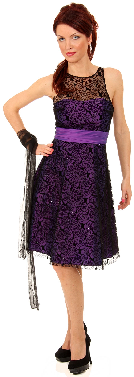 Short Rose Blossom Print Lace Cocktail Party Dress — in Black/Purple