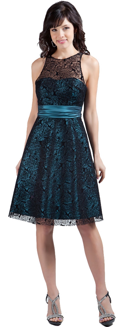 Short Rose Blossom Print Lace Cocktail Party Dress