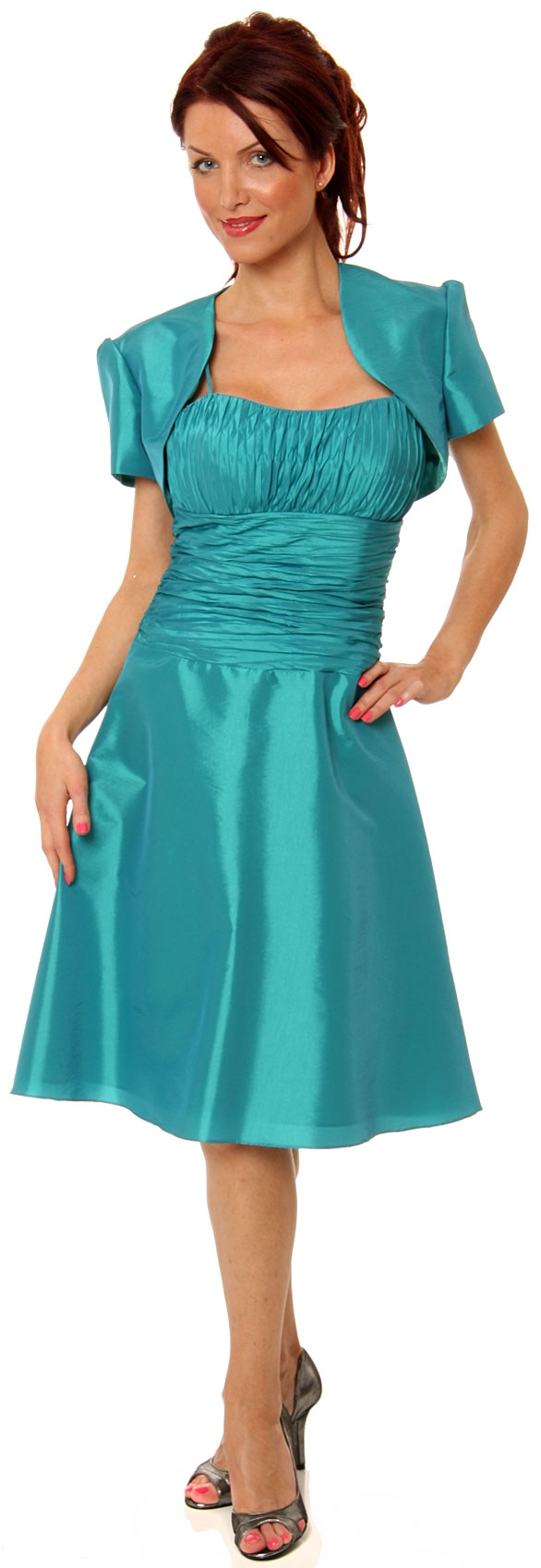 Short Pleated Taffeta Party Dress with Matching Jacket