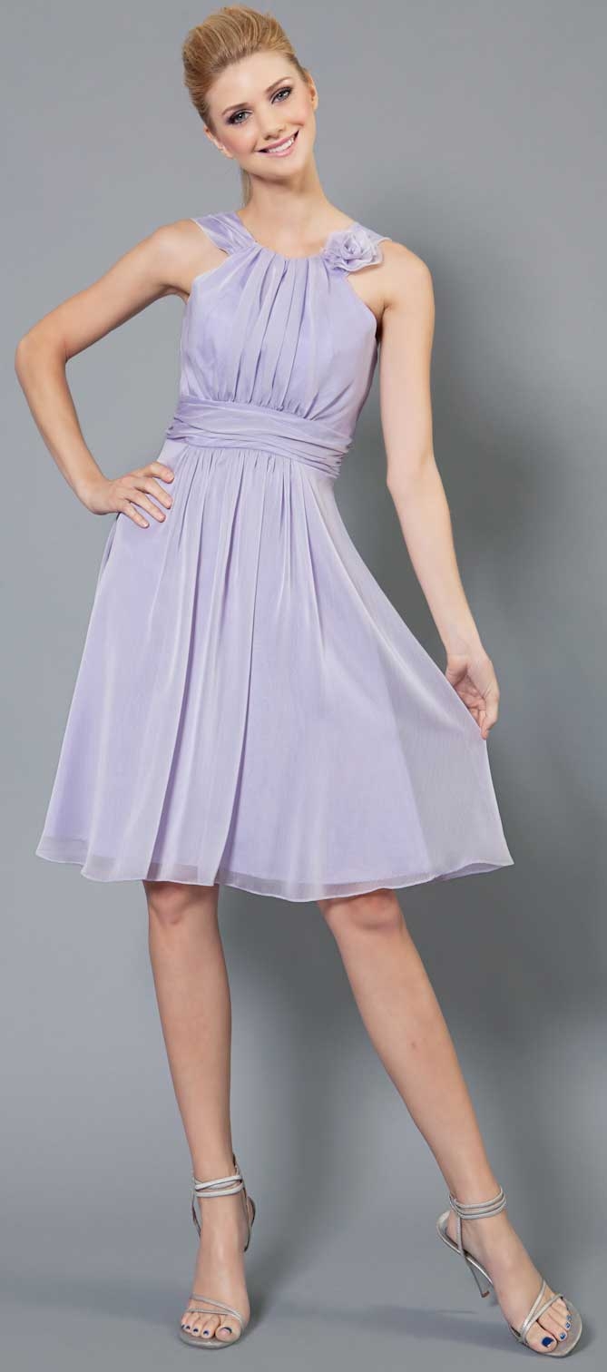 Empire Cut Shirred Knee Length Bridesmaid Party Dress — in Lilac