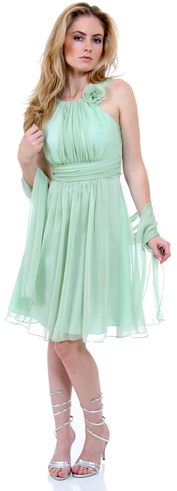 Empire Cut Shirred Knee Length Bridesmaid Party Dress — in sage alternative view.