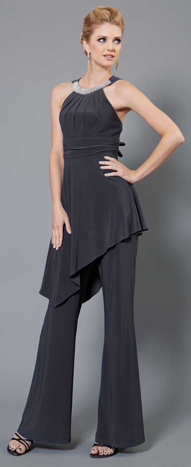 Studded Neckline Pant Dress — in Charcoal