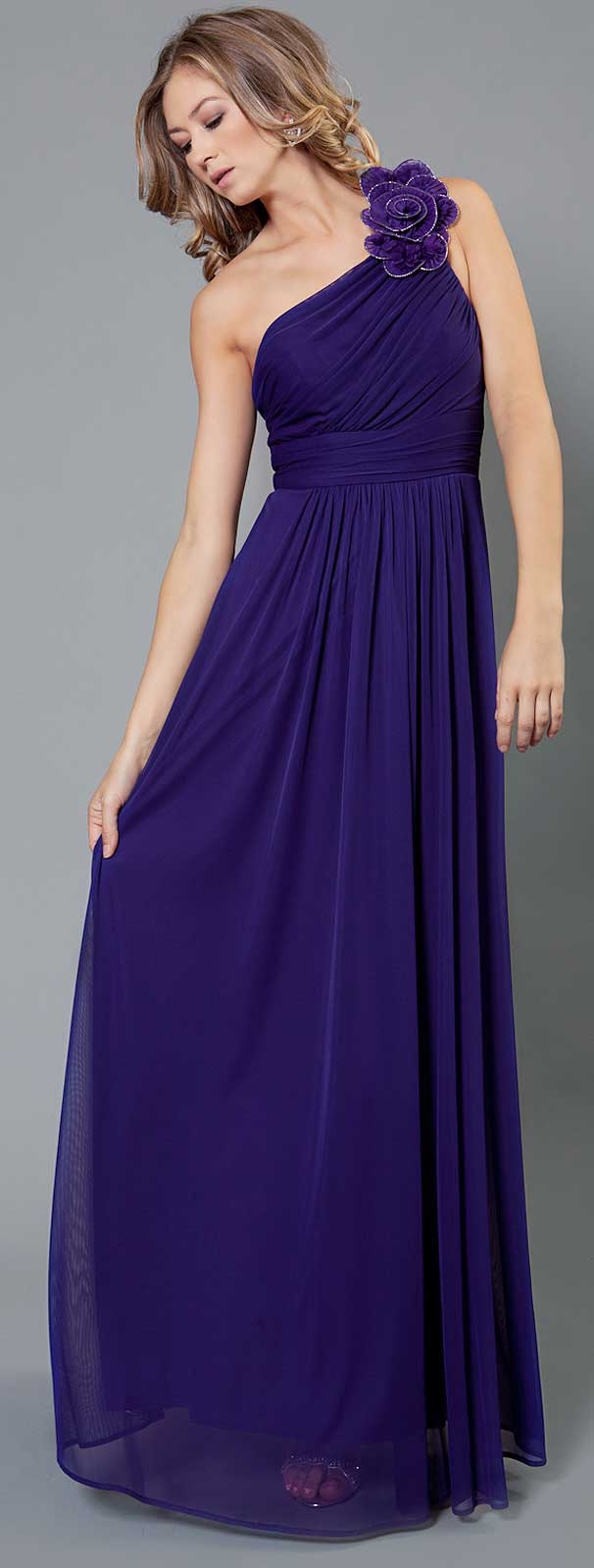 Single Floral Applique Shoulder Long Formal Dress — in Purple