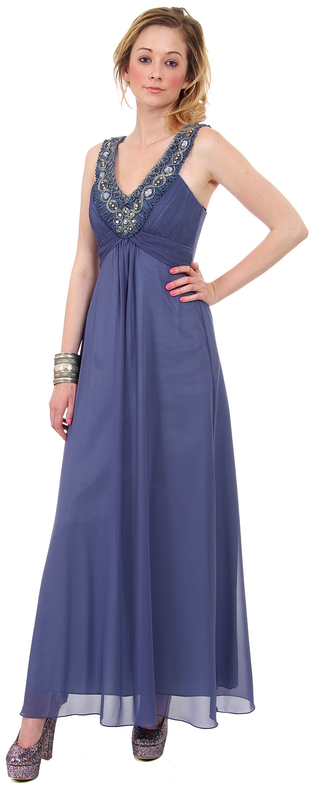 Summer Time Embelished Long Formal Dress — in Smoke Blue