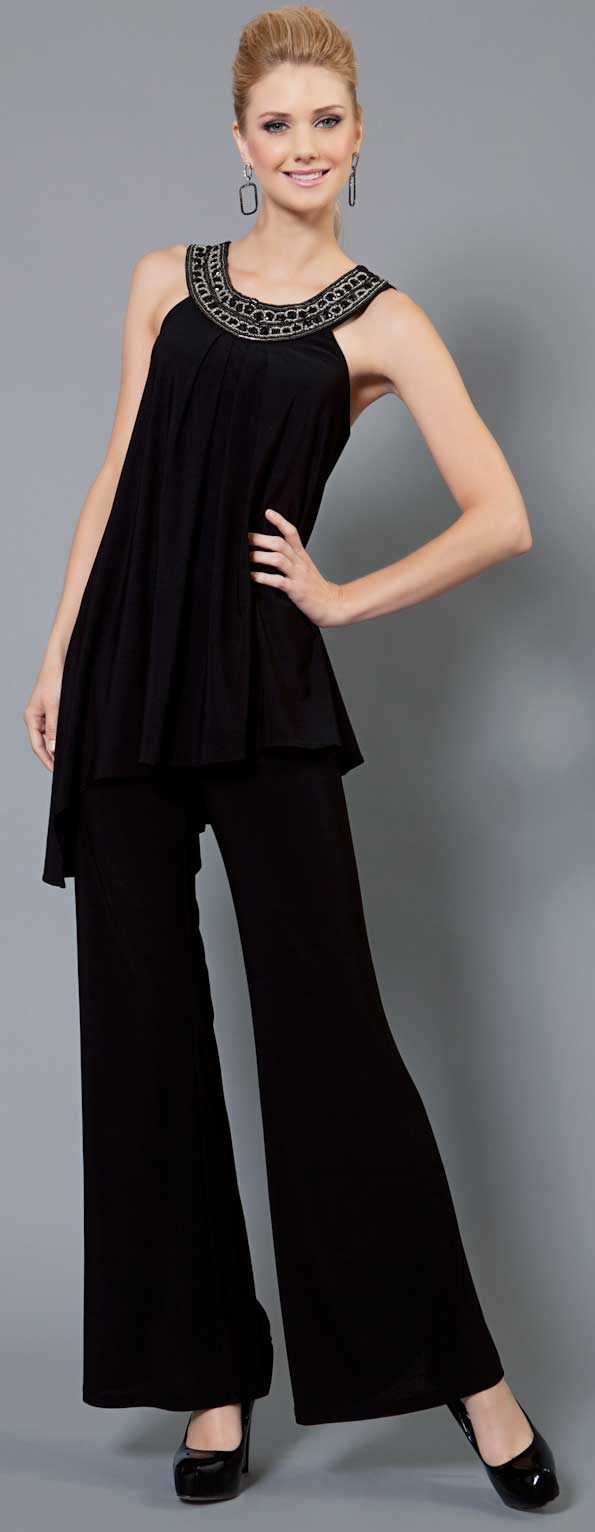 Embellished Neckline Two Piece Pant Dress — in Black