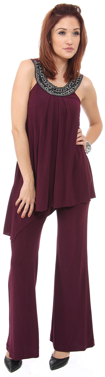 Embellished Neckline Two Piece Pant Dress — in alternative image