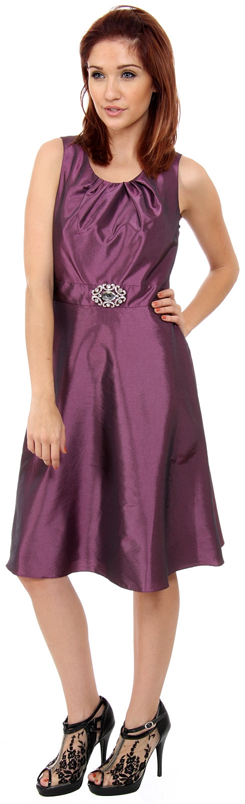 Belted Detail with Brooch Knee Length Dress — in Purple