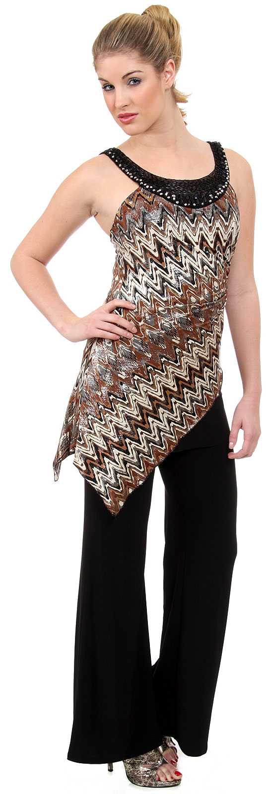Asymmetric 2 Piece Pant Dress — in Brown