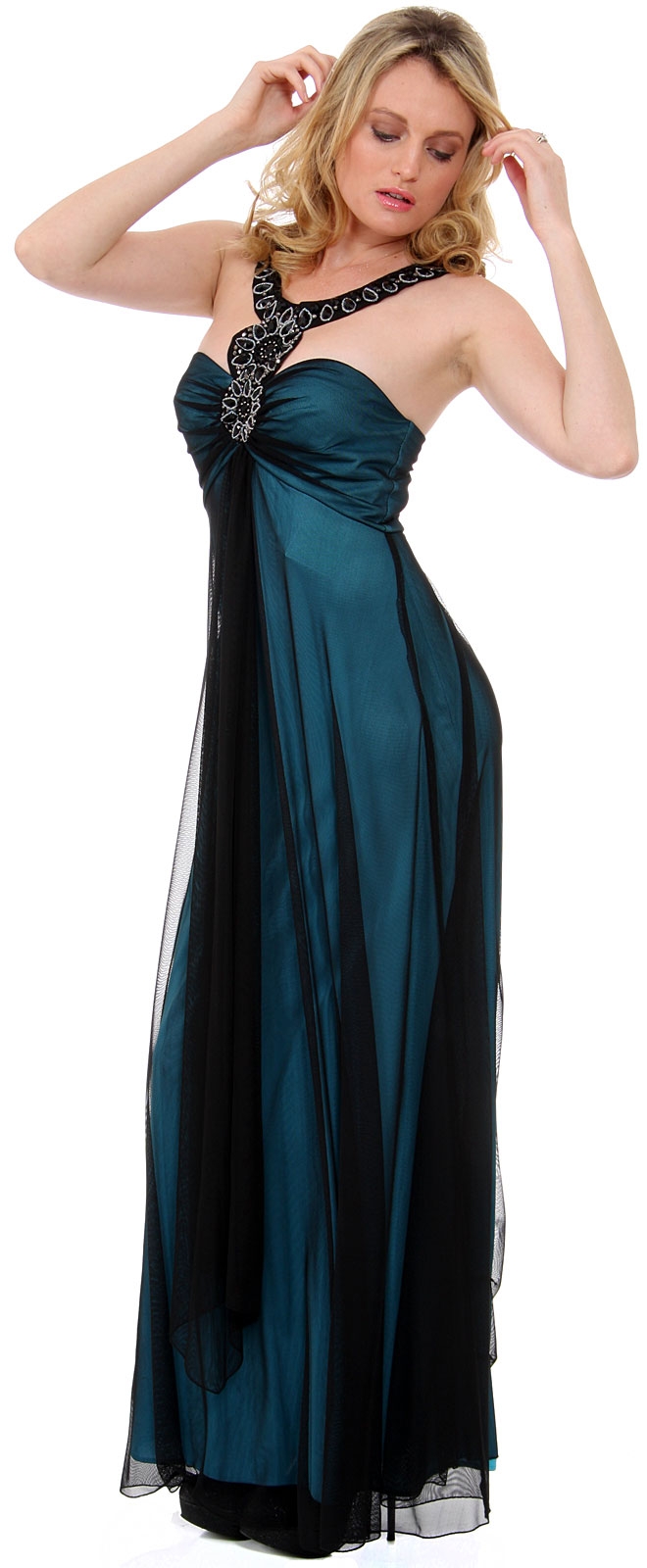 Full Length Formal Dress with Embellished Neck Accents — in Black/Blue