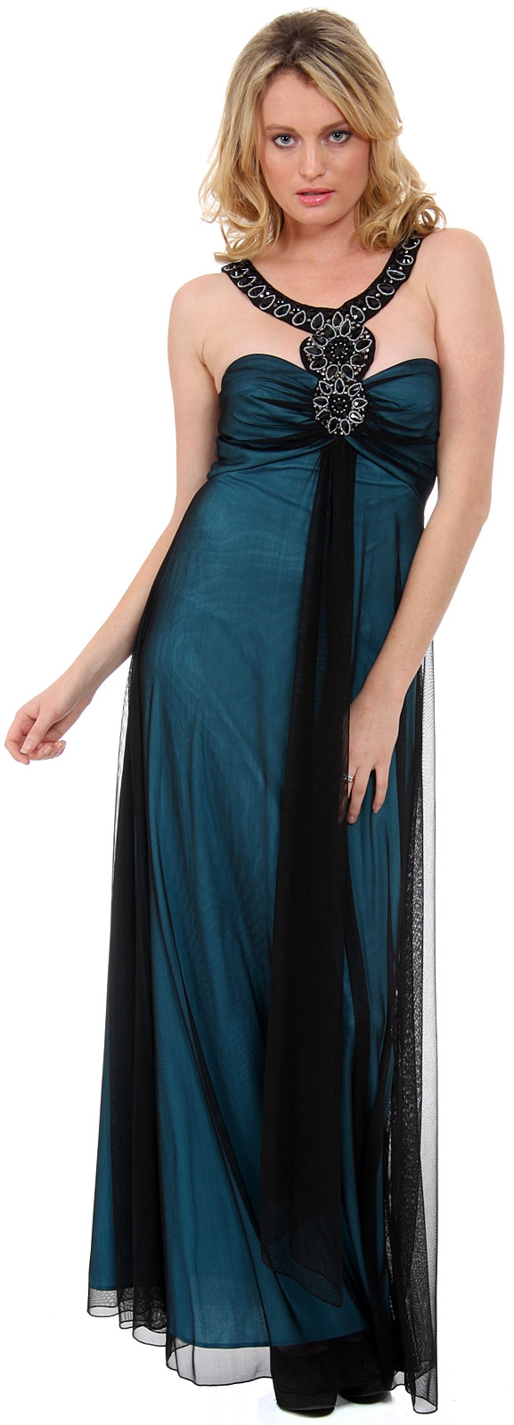 Full Length Formal Dress with Embellished Neck Accents — in alternative image