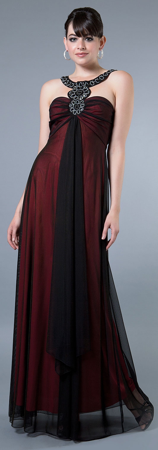 Full Length Formal Dress with Embellished Neck Accents
