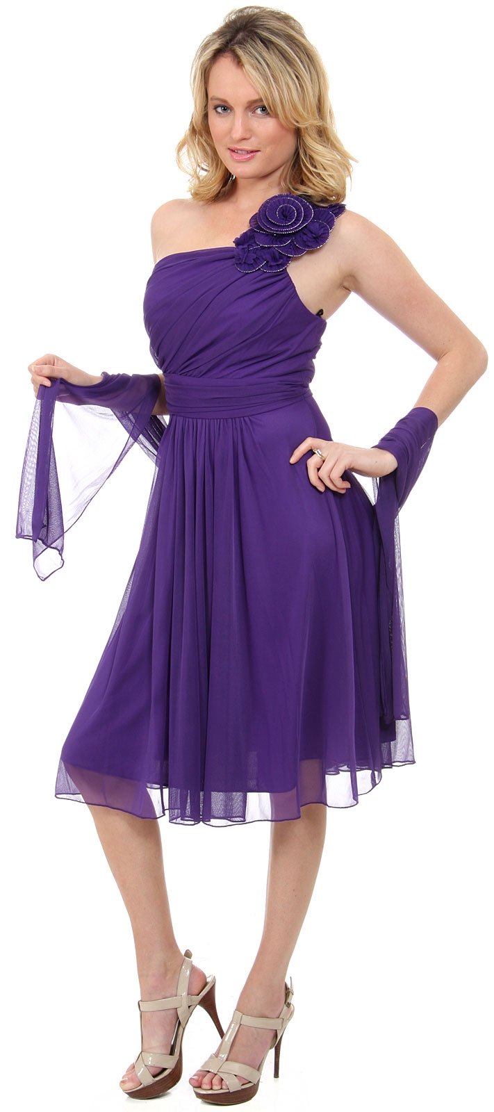 One Soulder Floral Accent Short Party Dress  — in Purple