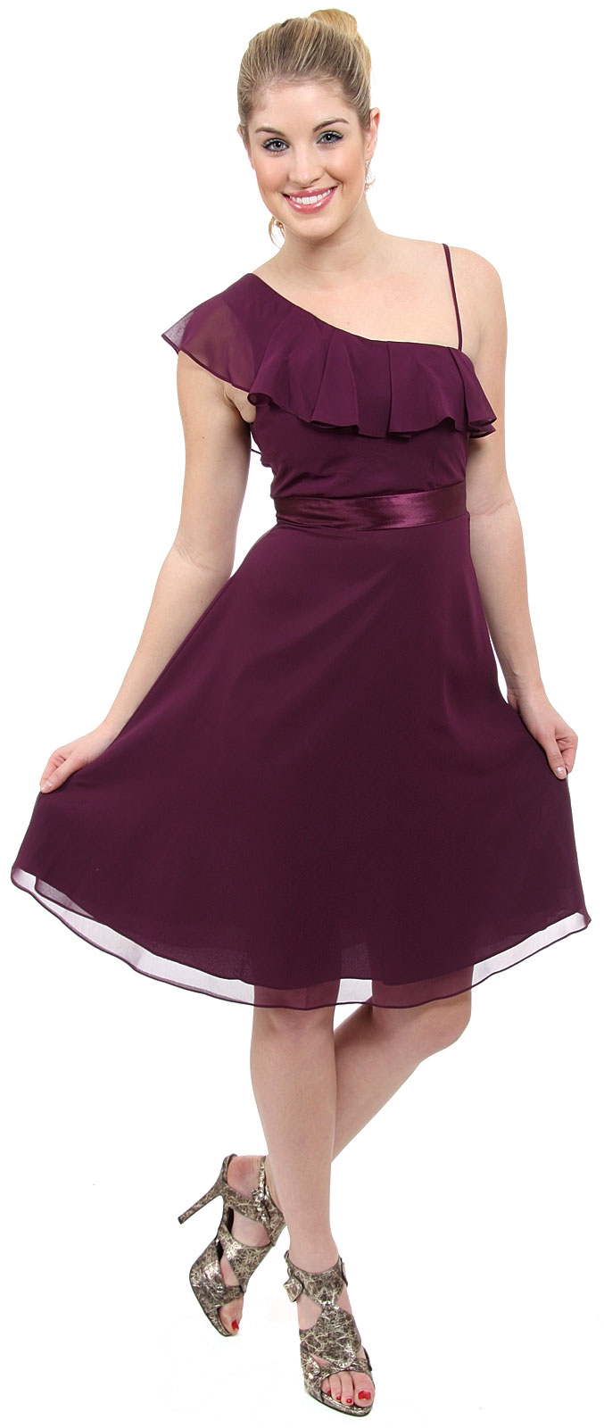 Tea Length Bridesmaid Dress with Asymmetric Top — in Plum