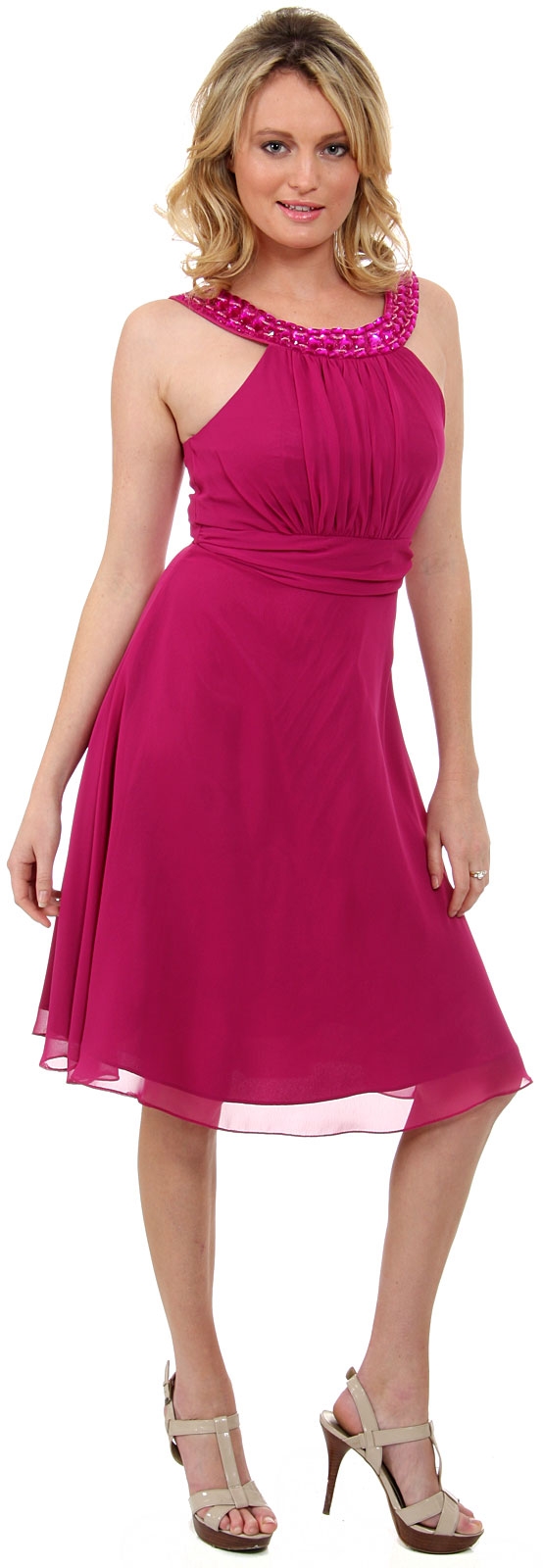 Embellished Boatneck Short  Bridesmaid Party Dress  — in Magenta