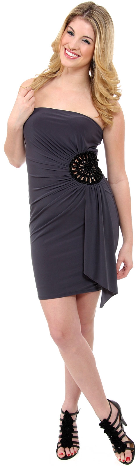 Strapless Cocktail Dress with Embellished Cutout Desing — in Charcoal