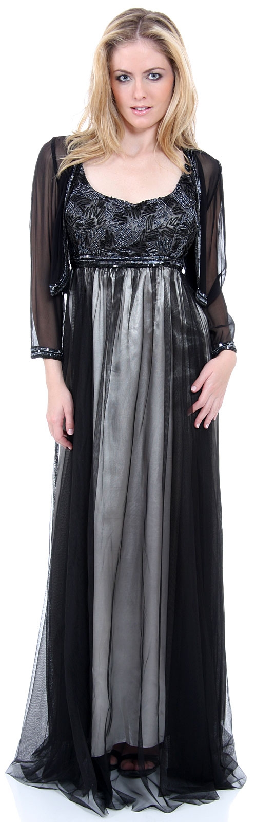 Plus Size Full Length Formal MOB Evening Gown with Jacket — in Black/Silver