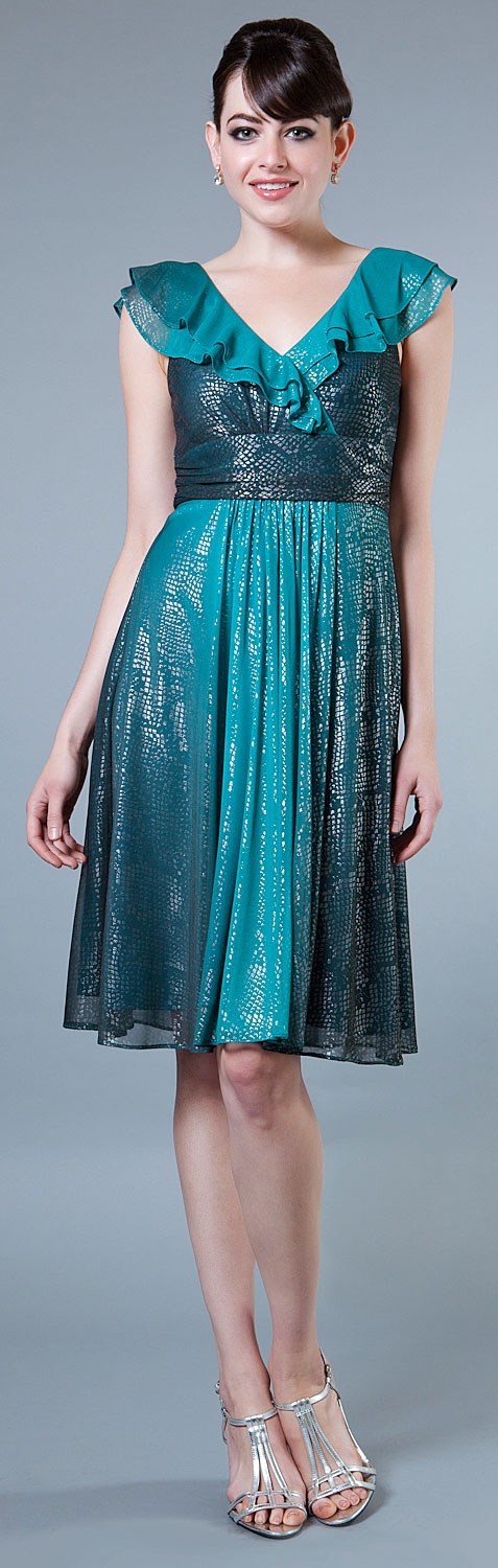 Printed Two Toned Short Dress with Metallic Texture