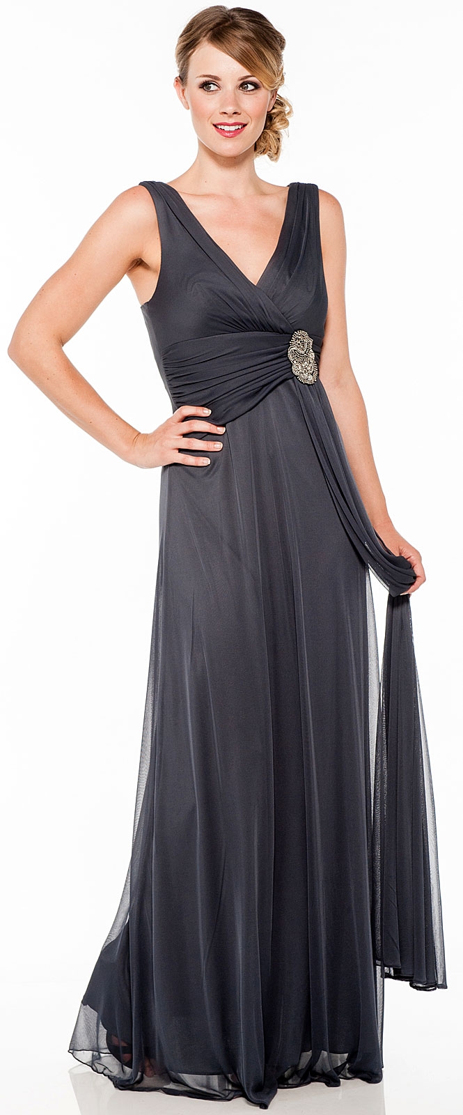 V Neck Ruched Waist with Sash Long Formal Dress 
