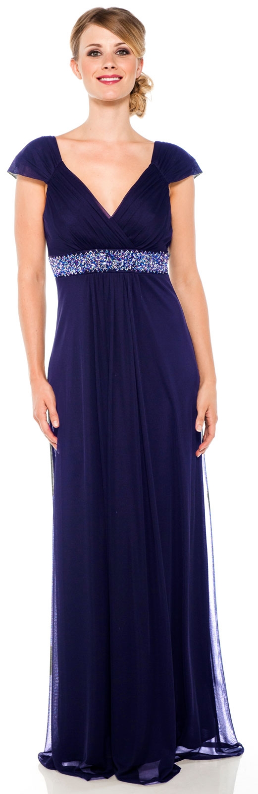 Cap Sleeve Long Formal Dress with Beaded Waist — in Navy