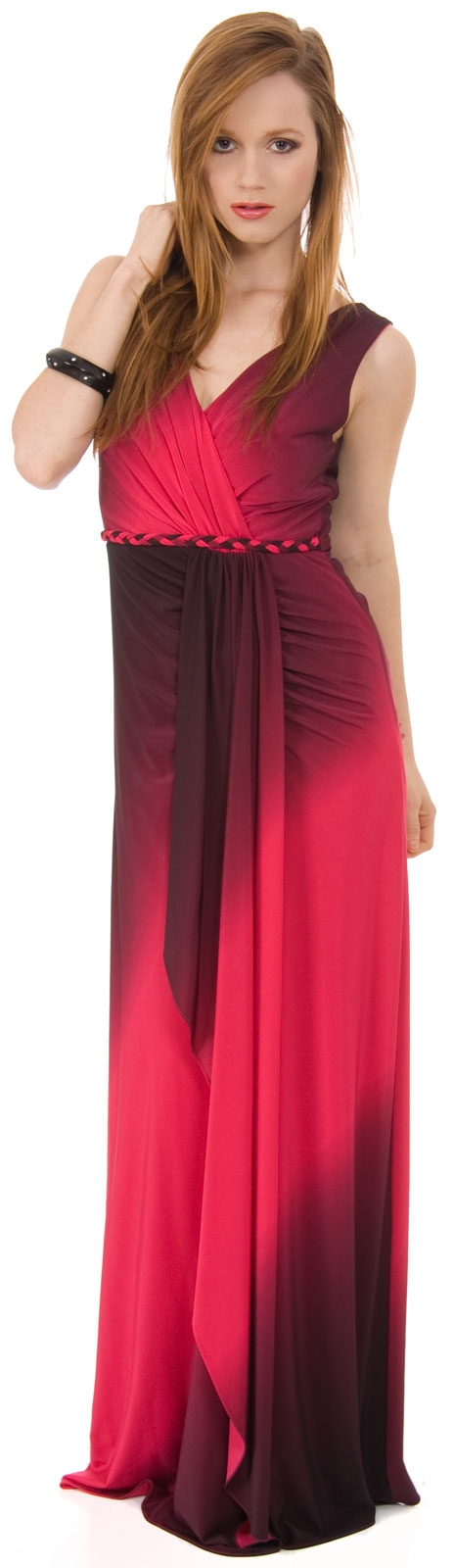 V-neck Wrap Style Ombre Formal Dress with Front Sash — in Fuchsia