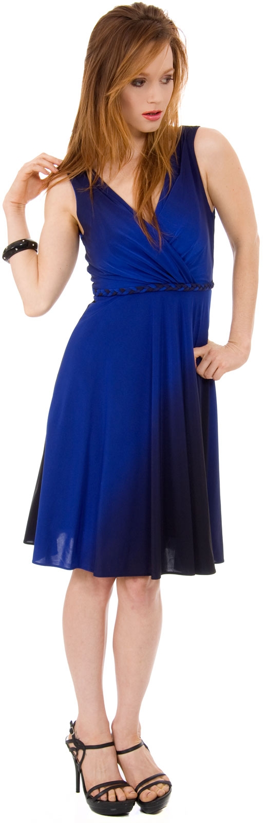 V-neck Short Sleeveless dress with Braid at waist — in Royal Blue