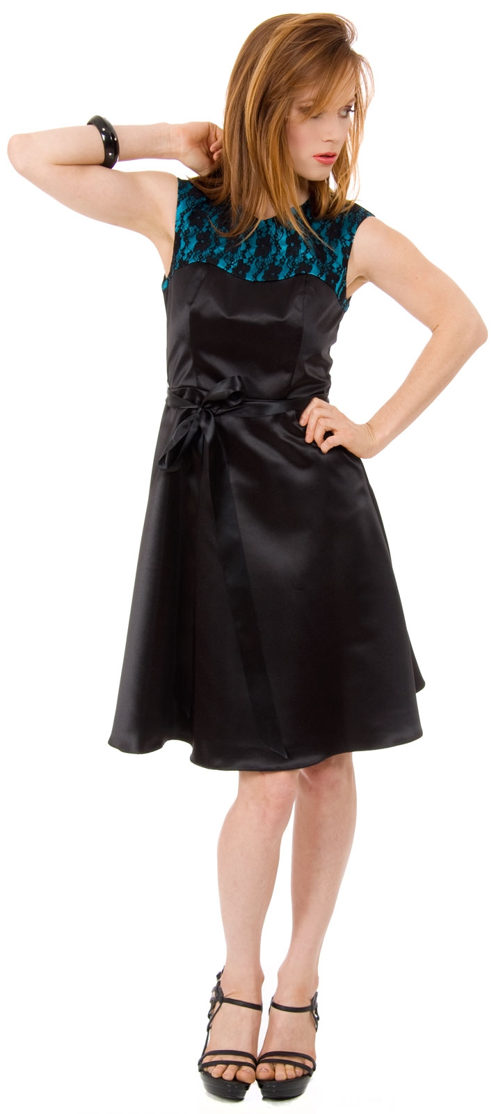 Satin & Lace Short Dress with Detachable belt — in Black/Teal