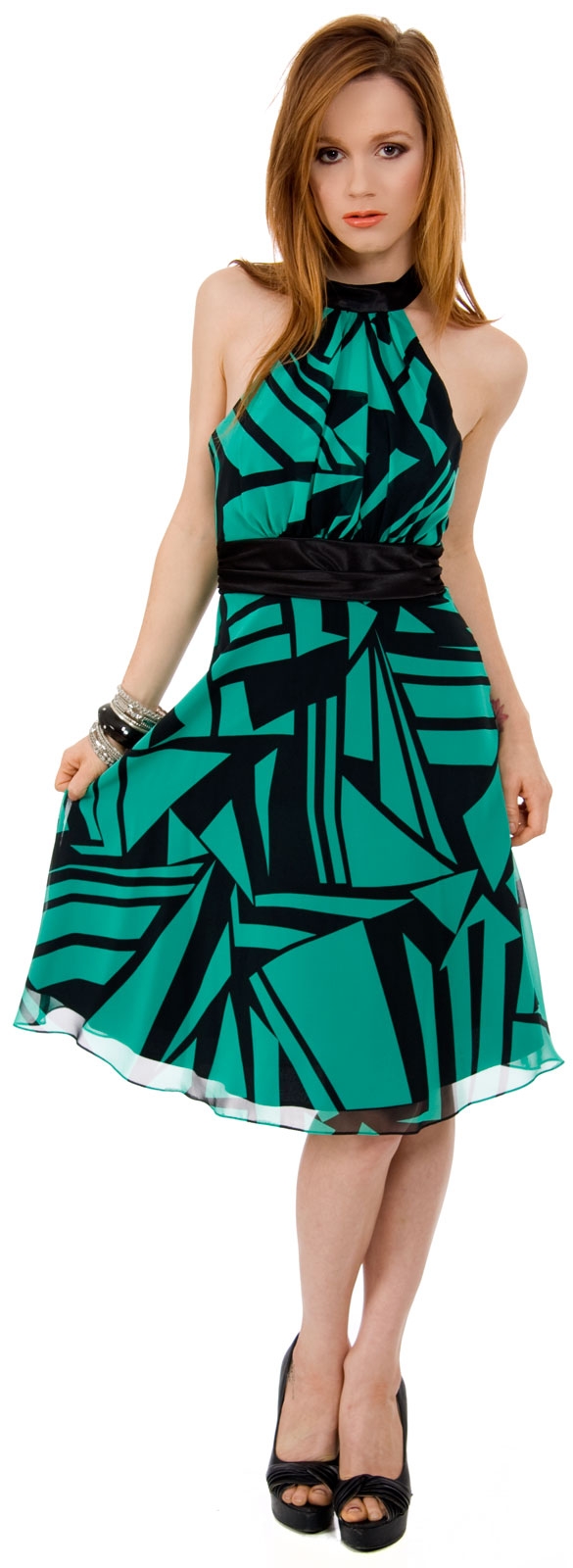 Halter NeckKnee Length Dress in Geometric Print