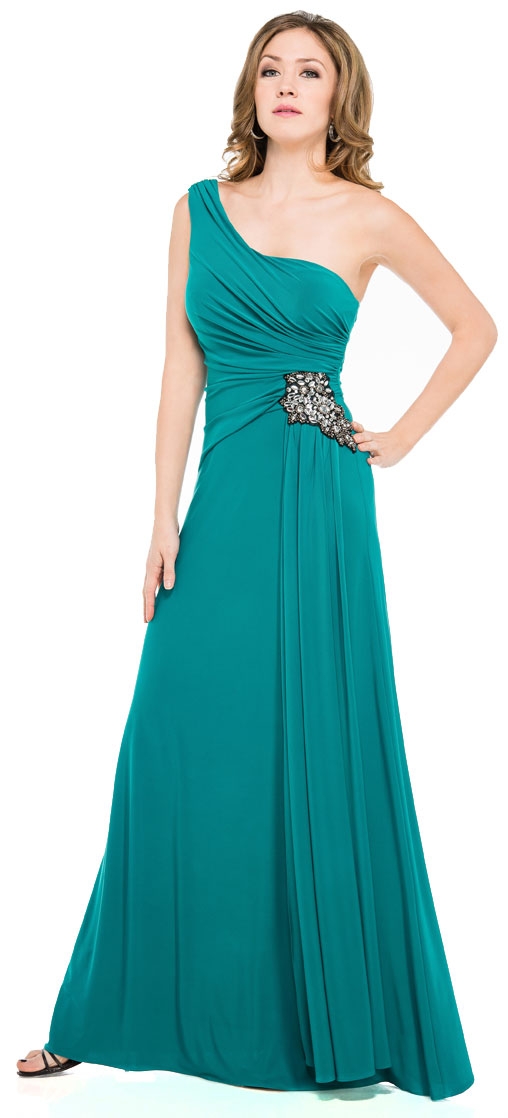 One Shoulder Jersey Long Formal Dress with Sash on side 