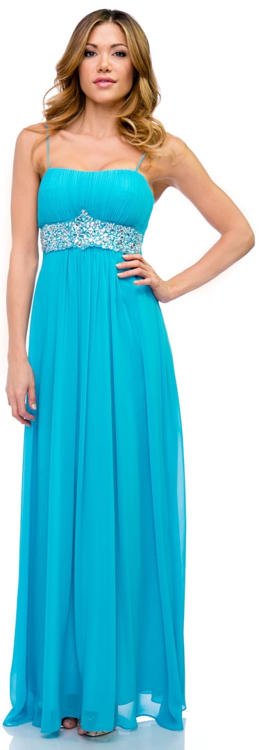Empire Cut Long Formal Dress with Bejeweled Waist