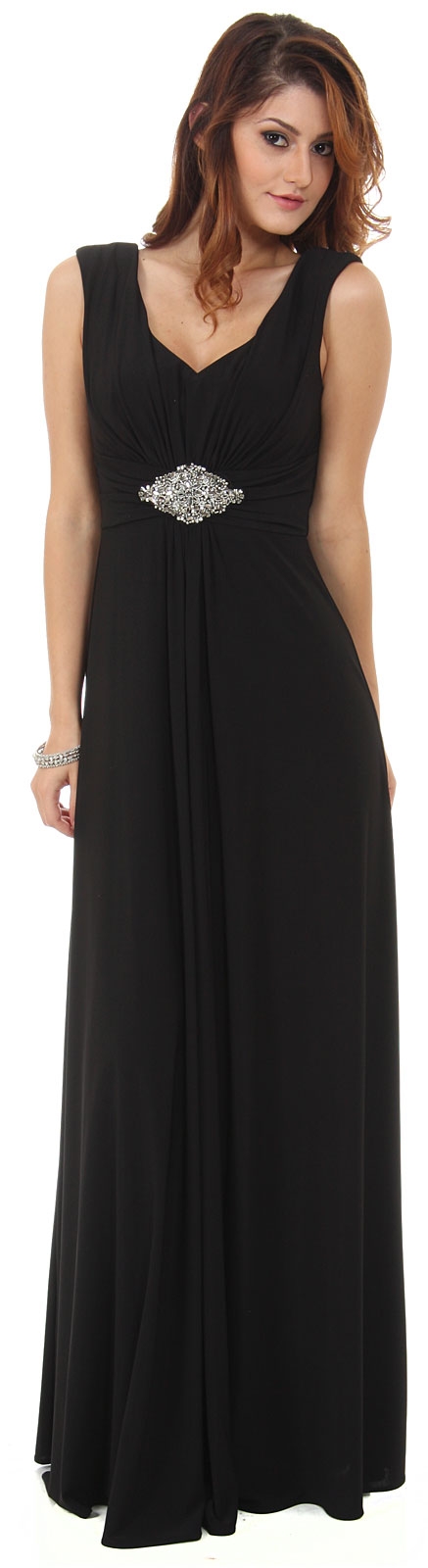 V-Neck Cap Sleeves Empire Cut Long Formal Dress — in Black