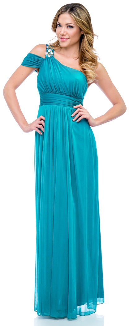 One Shoulder Long Formal Dress with Bejeweled Strap — in Dark Turquoise