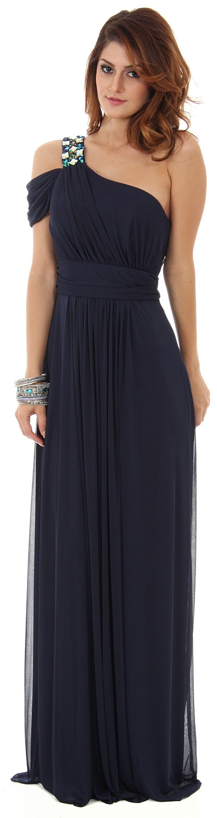 One Shoulder Long Formal Dress with Bejeweled Strap