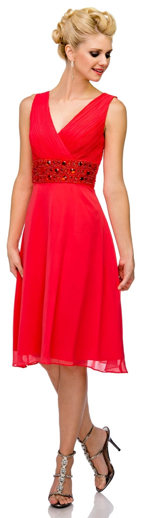 V-Neck Knee Length Formal Party Dress with Pleating 