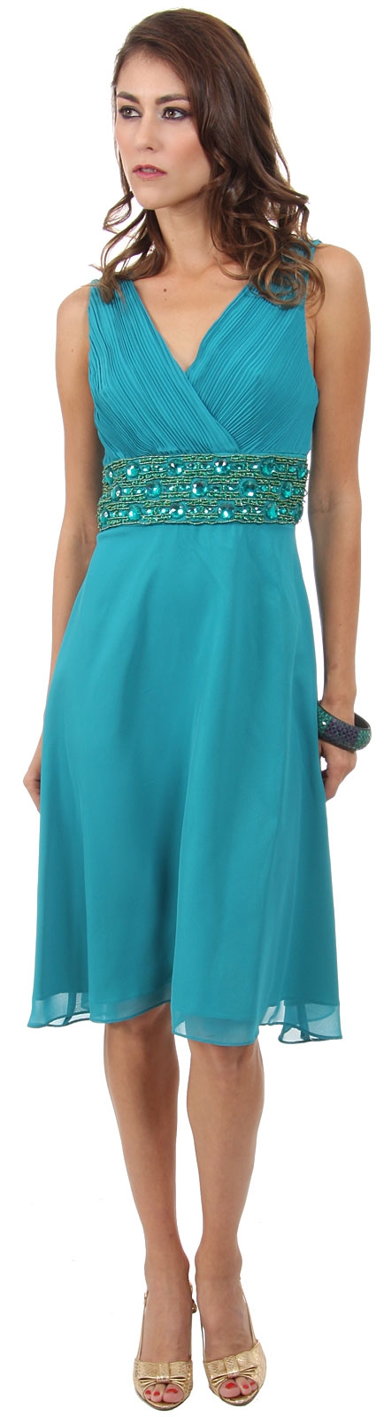 V-Neck Knee Length Formal Party Dress with Pleating  — in Teal