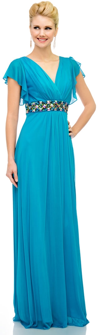 V-Neck Long Formal MOB Dress with Flutter Sleeves — in Dark Turquoise