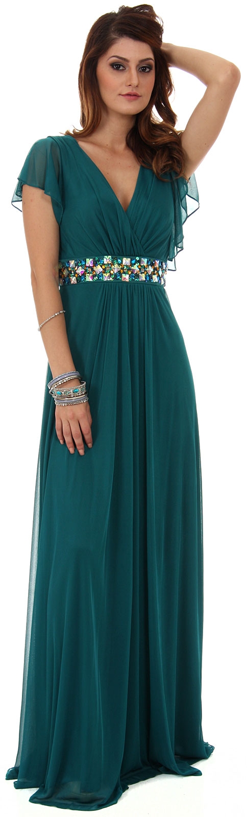 V-Neck Long Formal MOB Dress with Flutter Sleeves