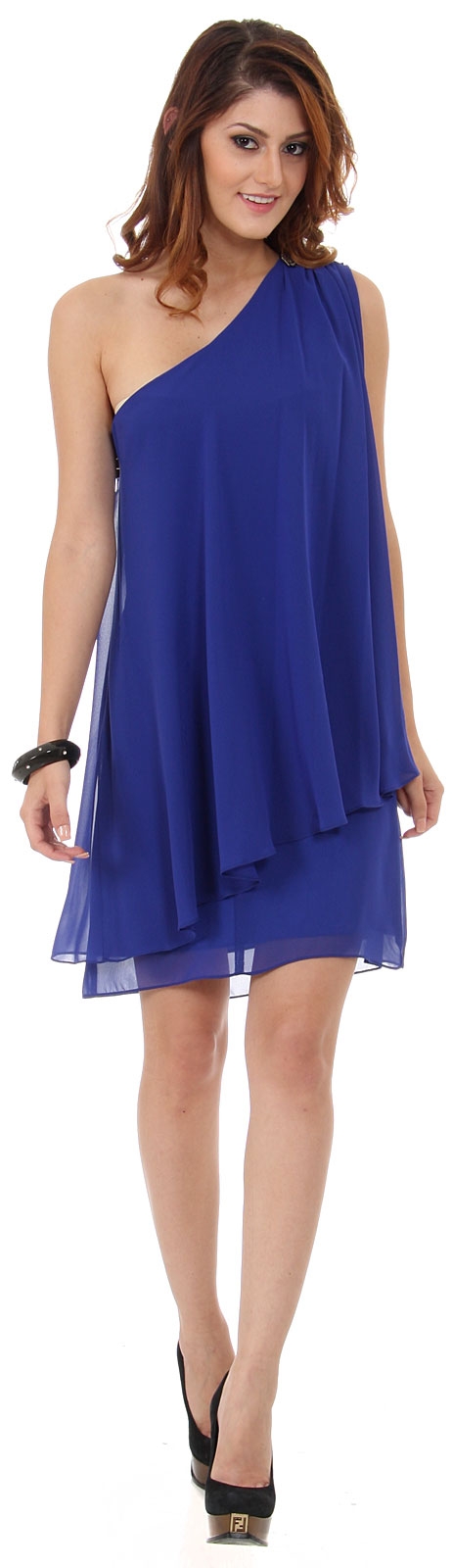 Roman Inspired One Shoulder Draped Cocktail Party Dress  — in Royal Blue