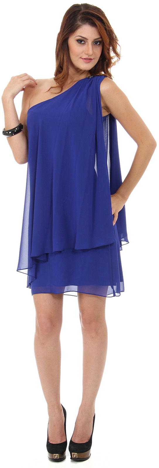 Roman Inspired One Shoulder Draped Cocktail Party Dress  — in an alternative picture
